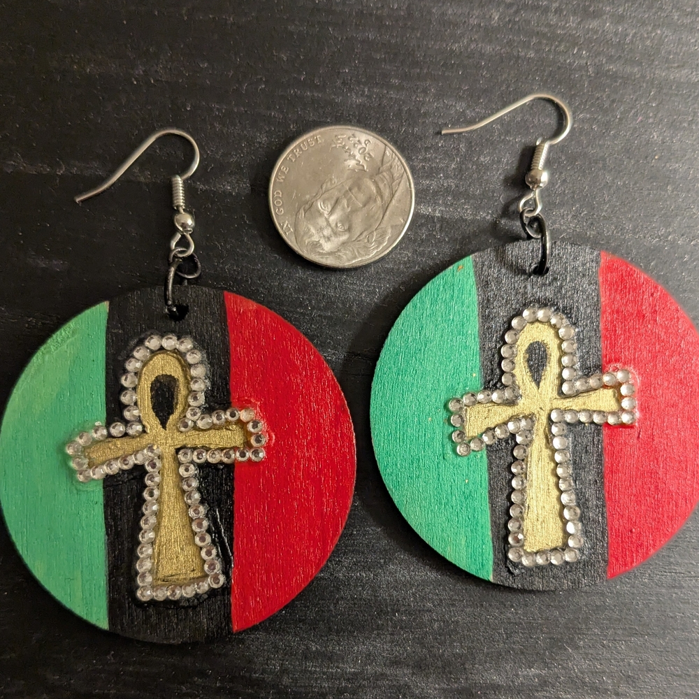 Handpainted Round Wood Ankh Earrings - Red, Green, Black, Gold